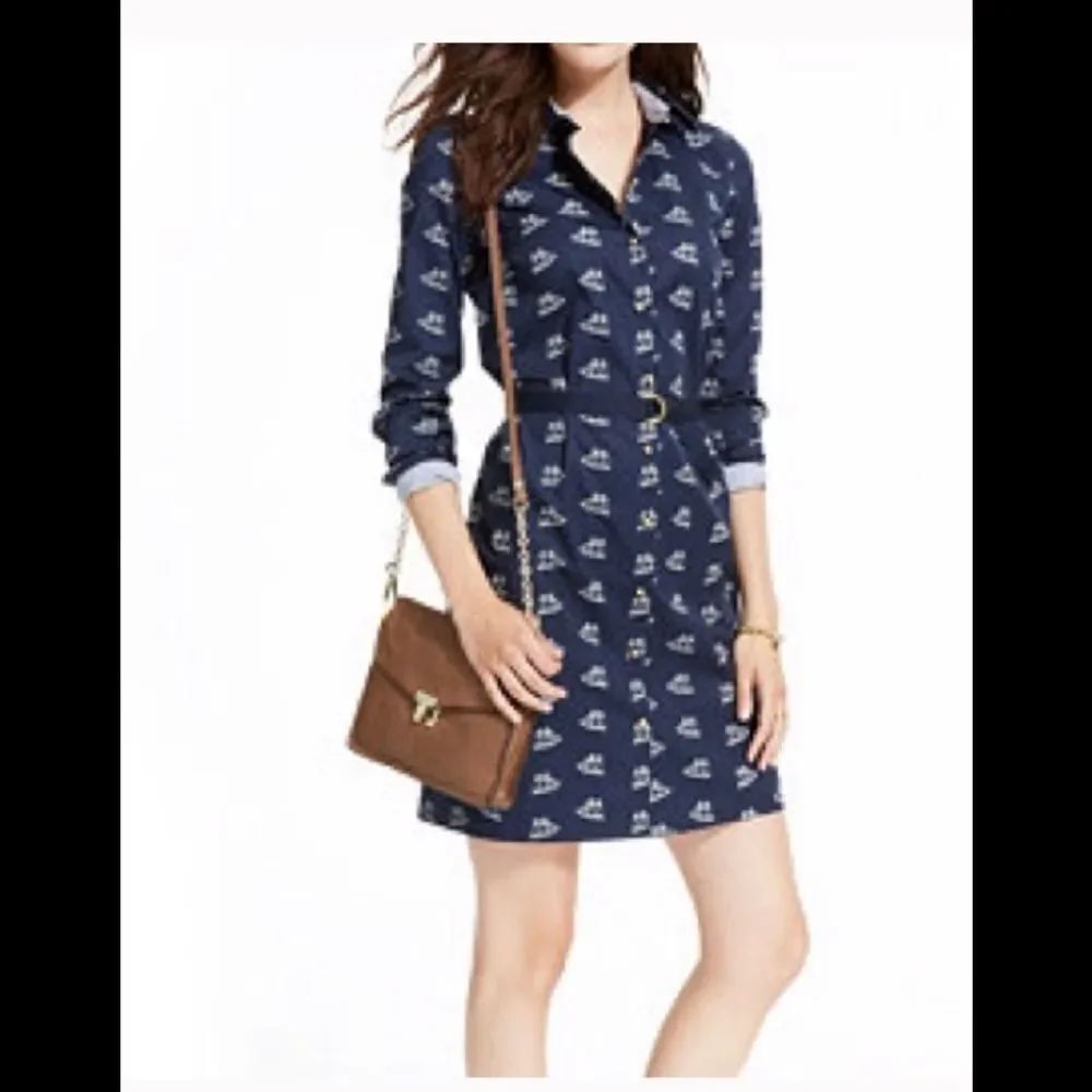Tommy Hilfiger Blue Sailboat Print Button Front Long Sleeve Mini Shirt Dress S
